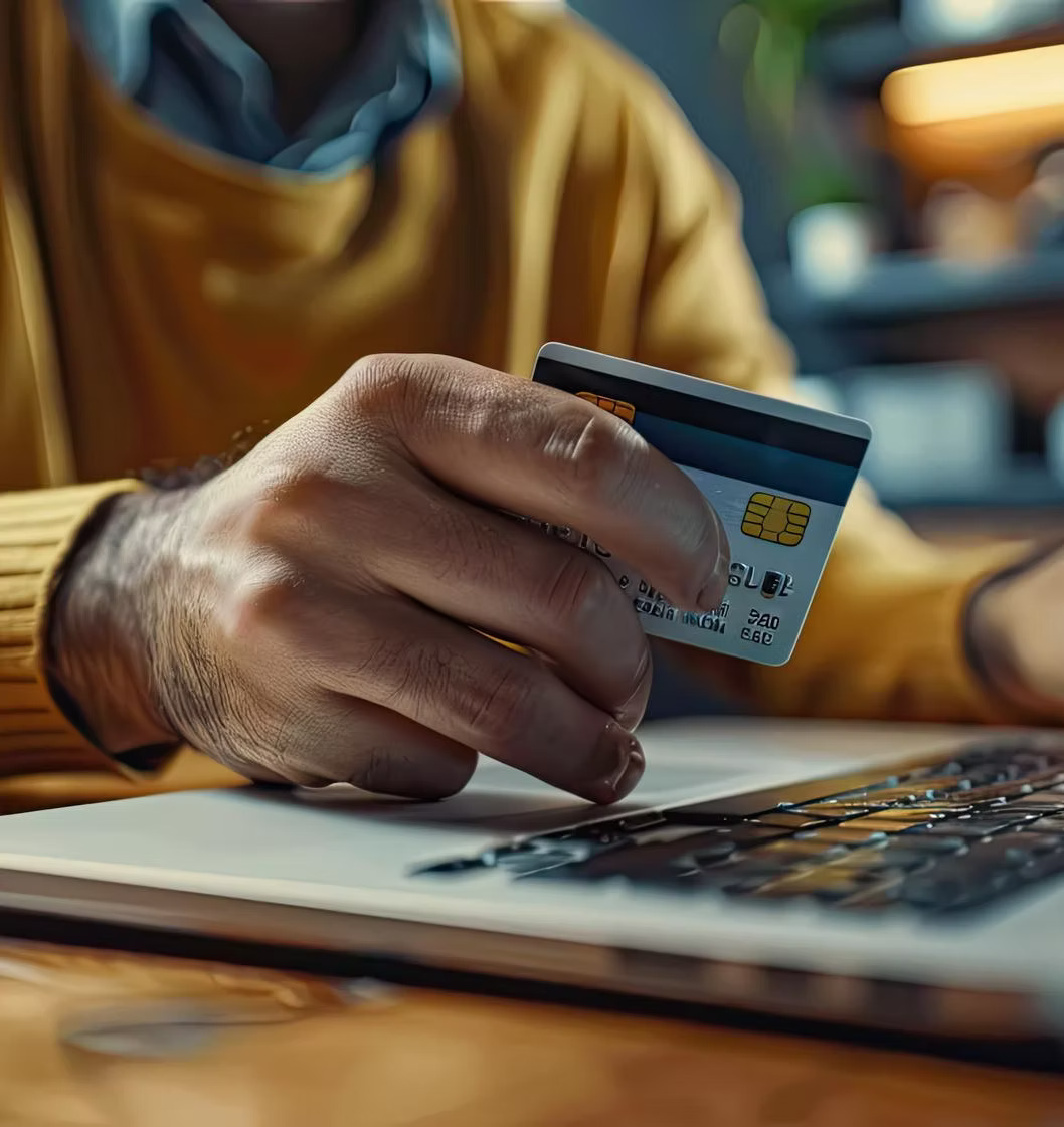 Happy man using card and phone